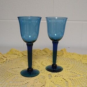 Set of 2 COBALT BLUE HAND BLOWN GLASS WINE, WATER, GLASSES, 9" TALL 3 1/…